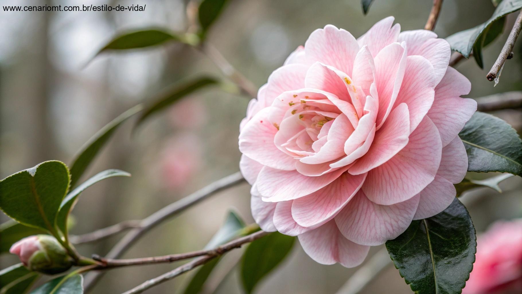 Close-up de uma flor de camélia com pétalas rosas suaves.