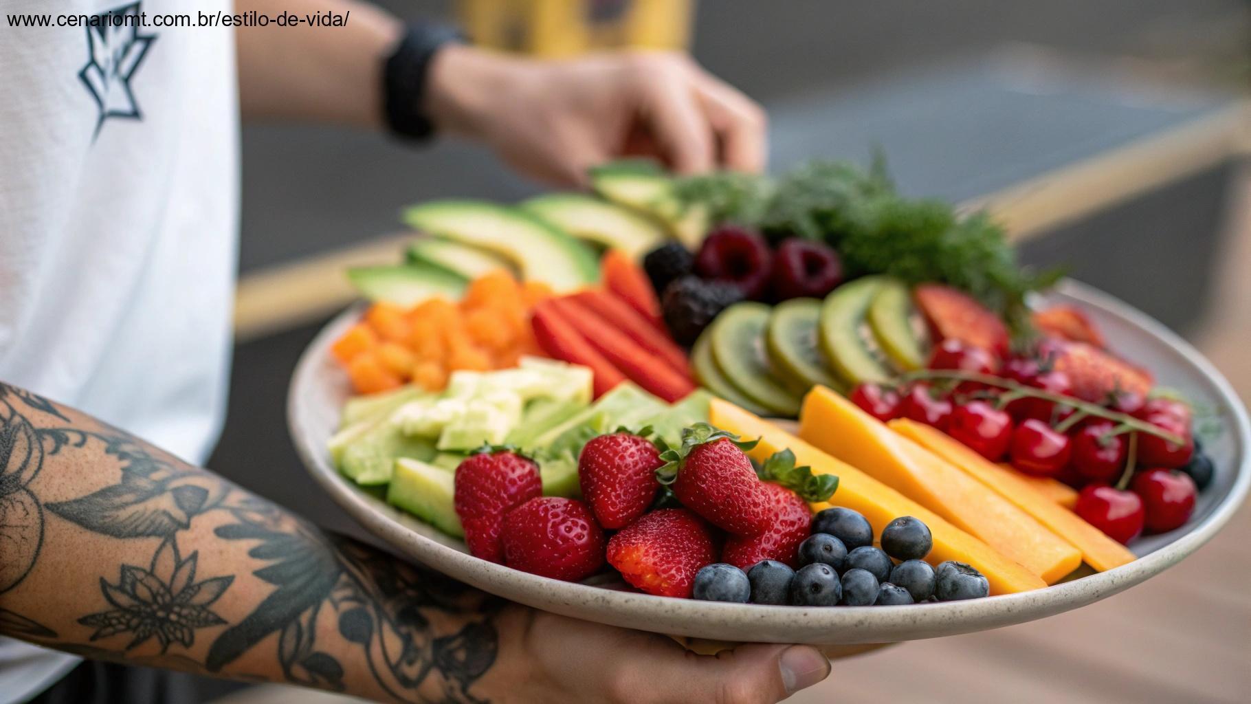 Comida saudável com frutas e vegetais frescos, e tatuagem visível ao fundo