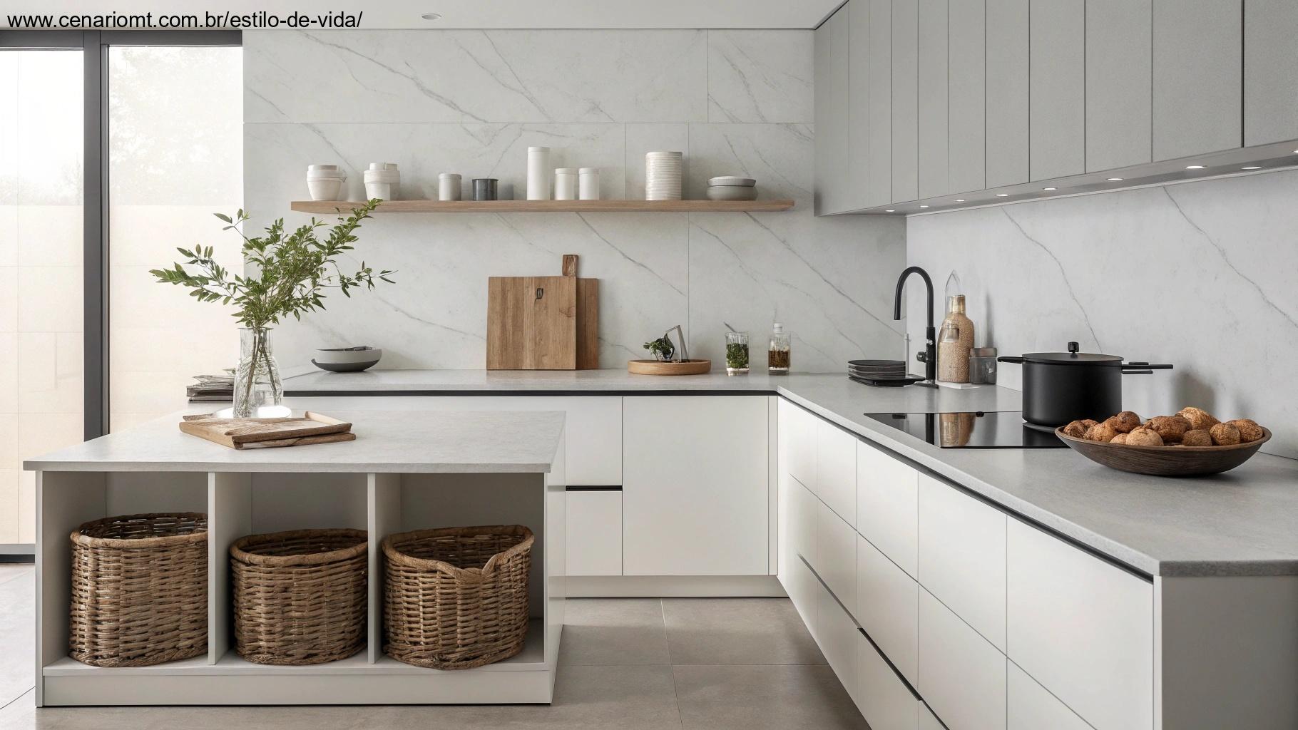 Cozinha minimalista com bancadas limpas e poucos itens, focando na praticidade