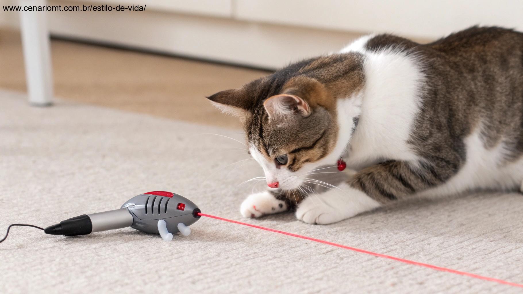 gato brincando com um brinquedo de rato, simulando caça