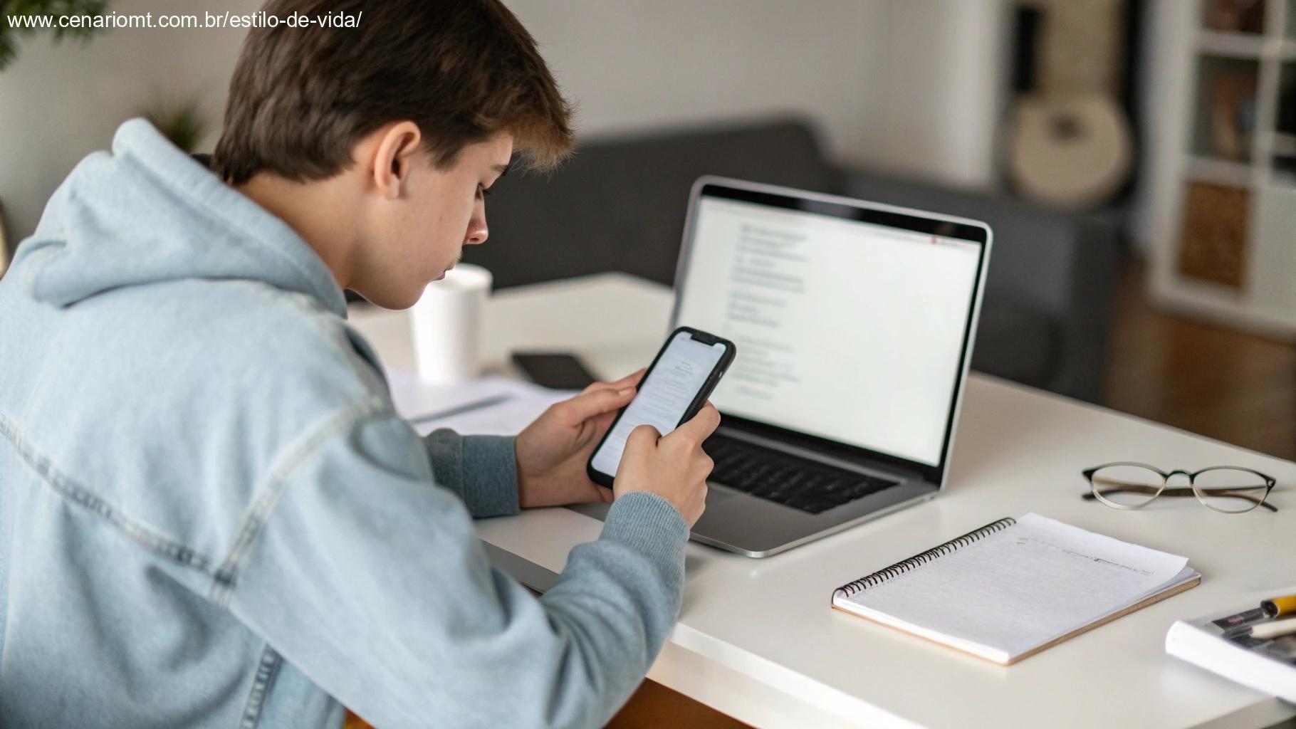 Pessoa desligando o celular e colocando-o de lado para evitar distrações.