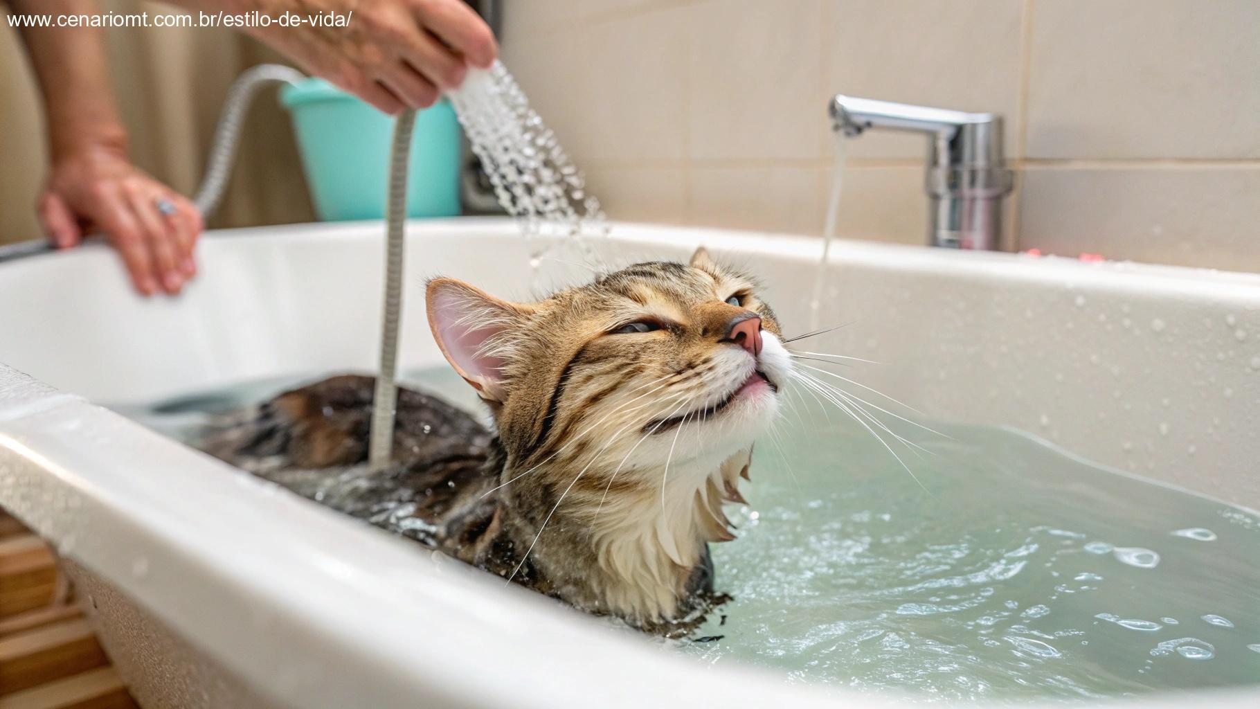 Gato tomando banho, mostrando que alguns necessitam de cuidados extras.