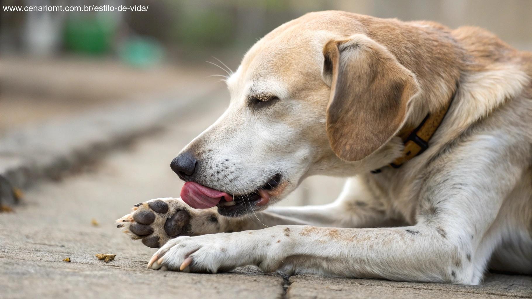cachorro lambendo ou mordendo as patas excessivamente, mostrando comportamento de autossossego