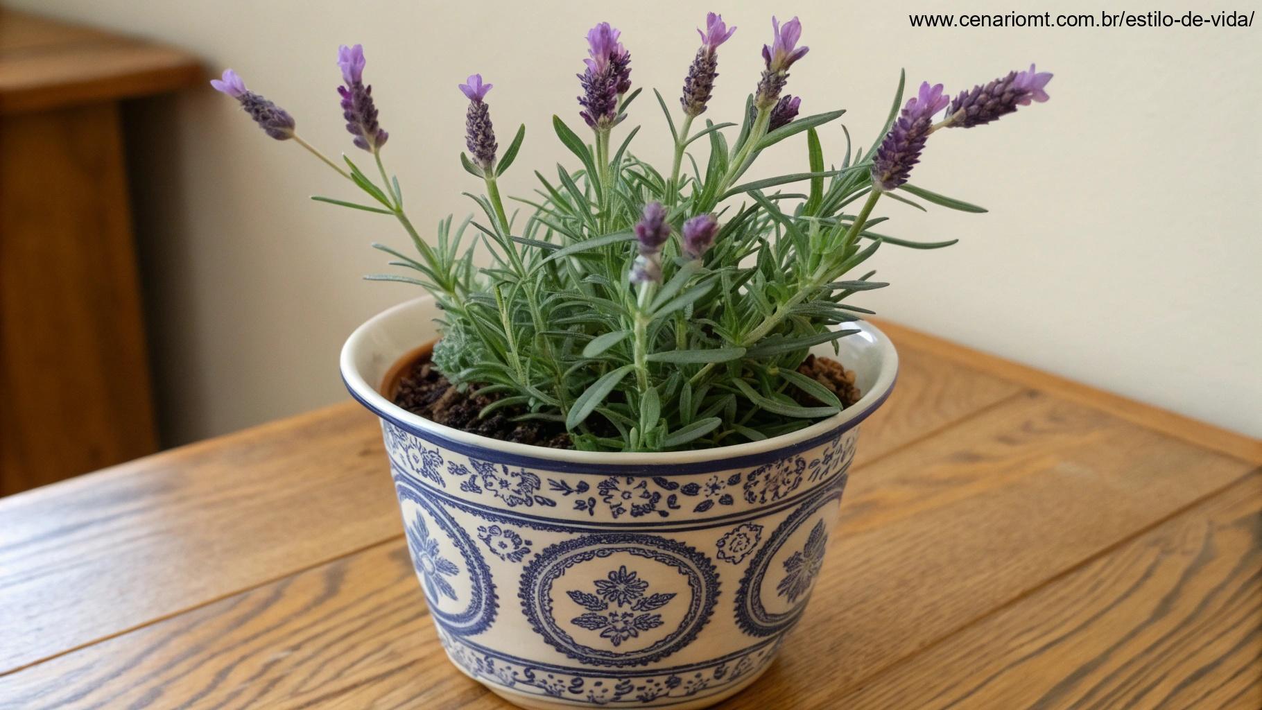Imagem de uma planta de lavanda com flores roxas e folhas aromáticas.