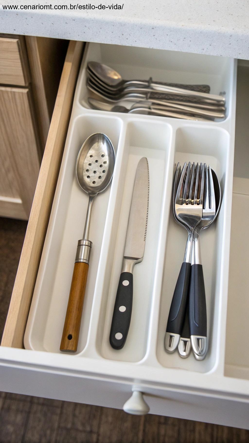 uma seleção de utensílios de cozinha organizados em uma gaveta, com apenas os itens essenciais visíveis para reduzir a bagunça