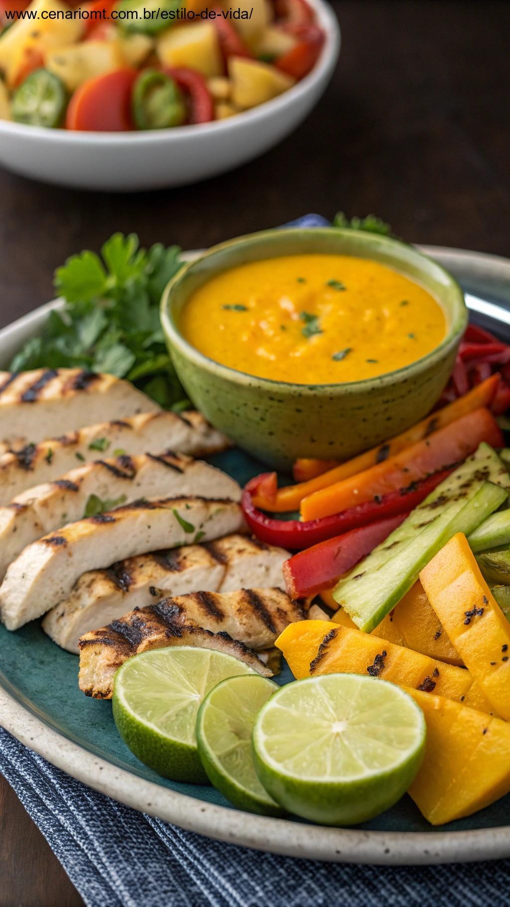 um molho vibrante feito com manga e limão, servido com legumes grelhados e frango