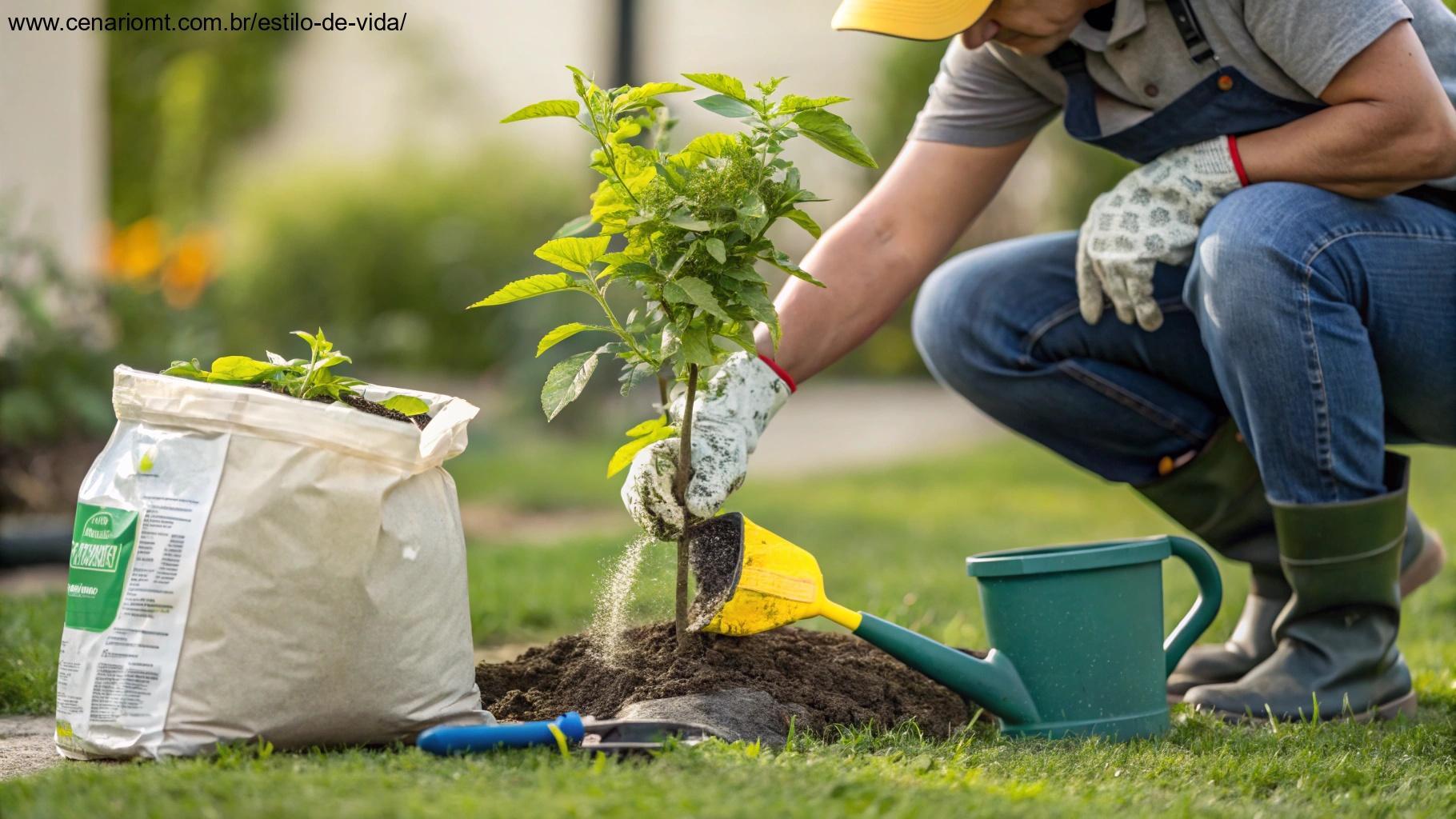 jardineiro aplicando fertilizante cuidadosamente em uma planta, mostrando a importância da alimentação correta para o crescimento