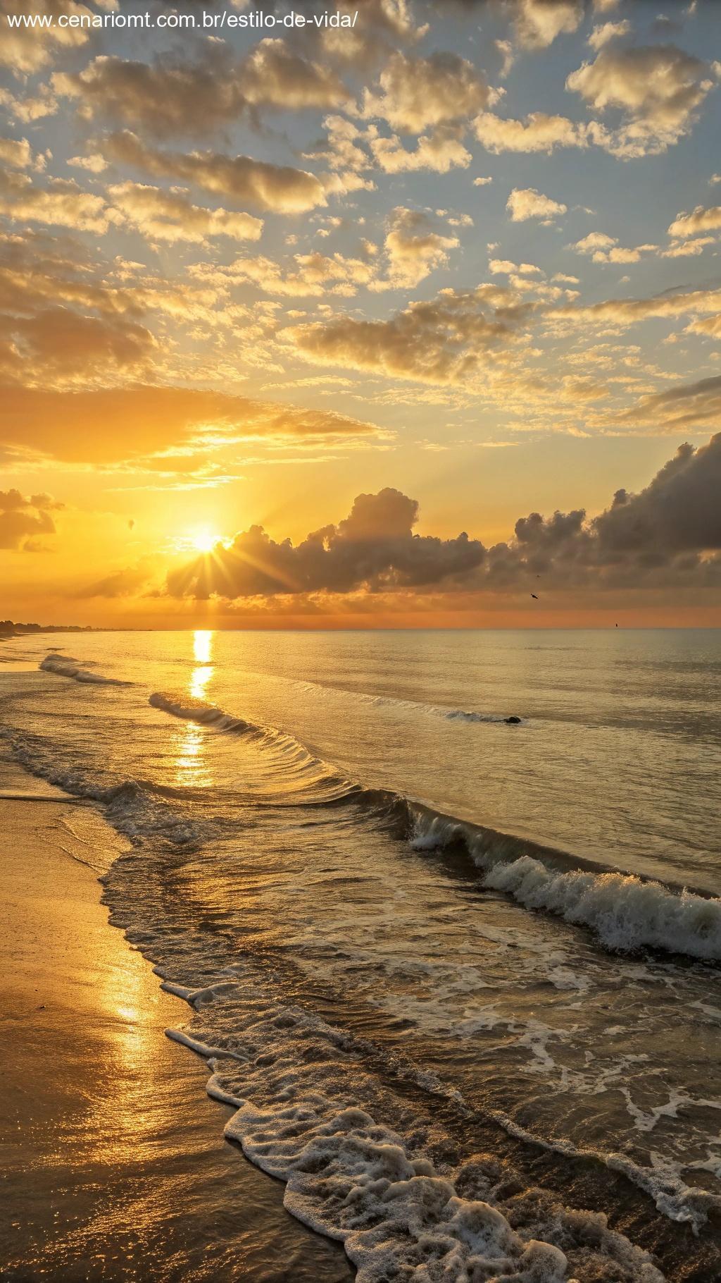 Amanhecer bonito sobre o oceano calmo, com ondas suaves e céu dourado.