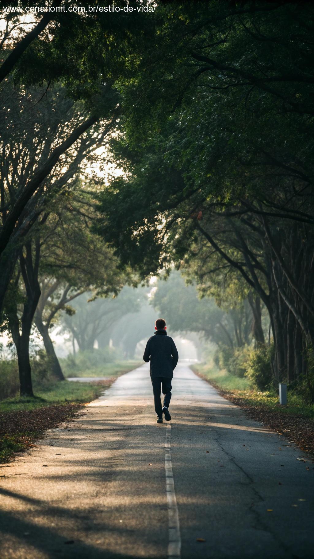 uma pessoa caminhando confiante por um caminho com árvores dos dois lados