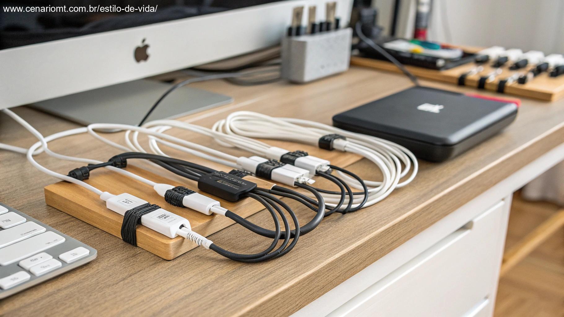 imagem de prendedores organizando cabos de eletrônicos