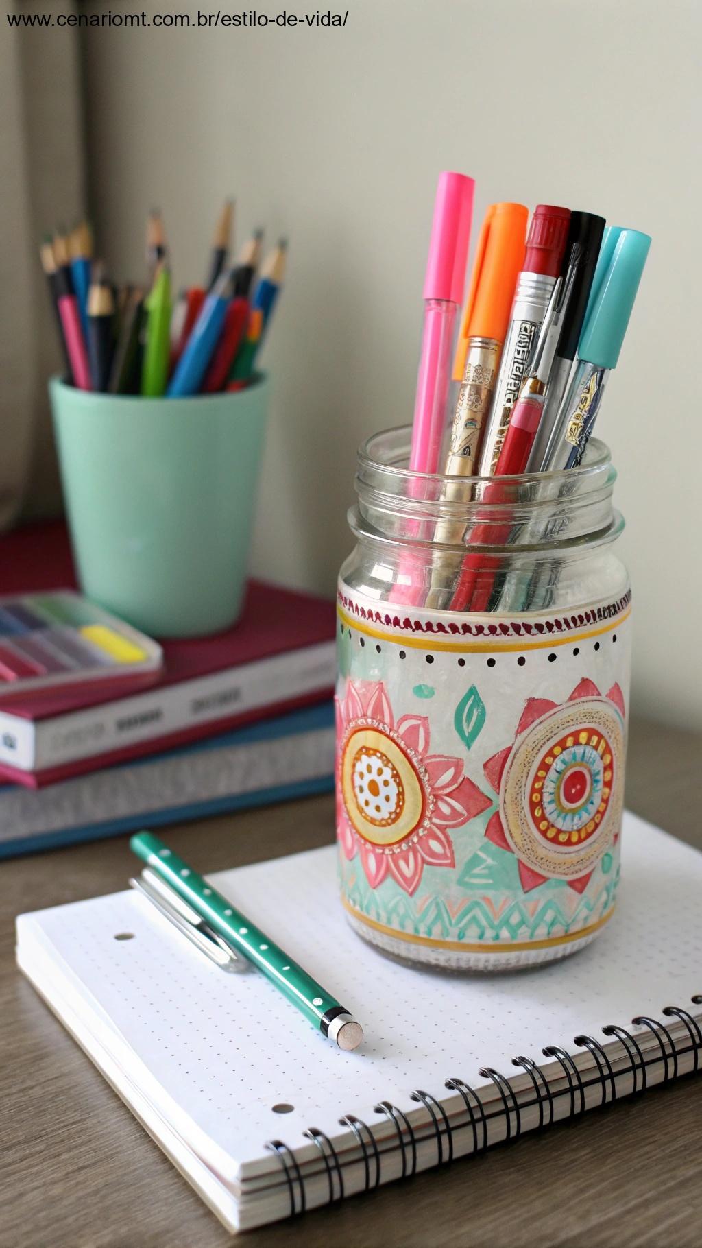 Um porta-canetas personalizado feito de um frasco de vidro, pintado com padrões coloridos, colocado em uma mesa com cadernos e material de escritório