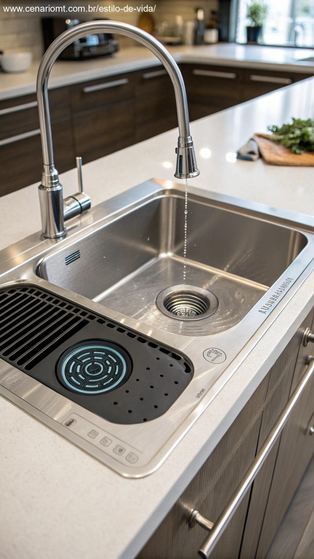 Sistema de autolimpeza de ralo futurista com tecnologia de inteligência artificial, integrado em uma pia de cozinha moderna