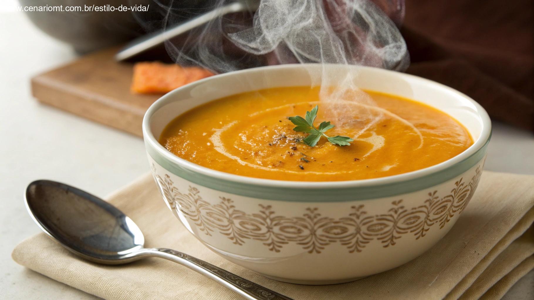 Uma sopa de abóbora quente e reconfortante, servida em uma tigela com uma colher ao lado.