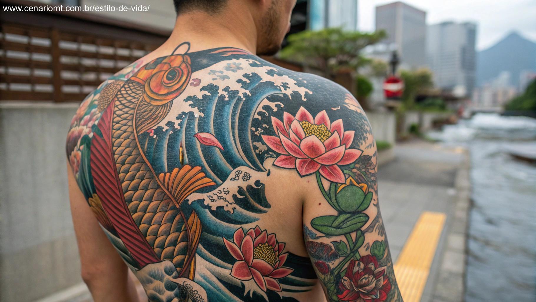 Uma tatuagem japonesa com elementos tradicionais como carpas e flores de lótus