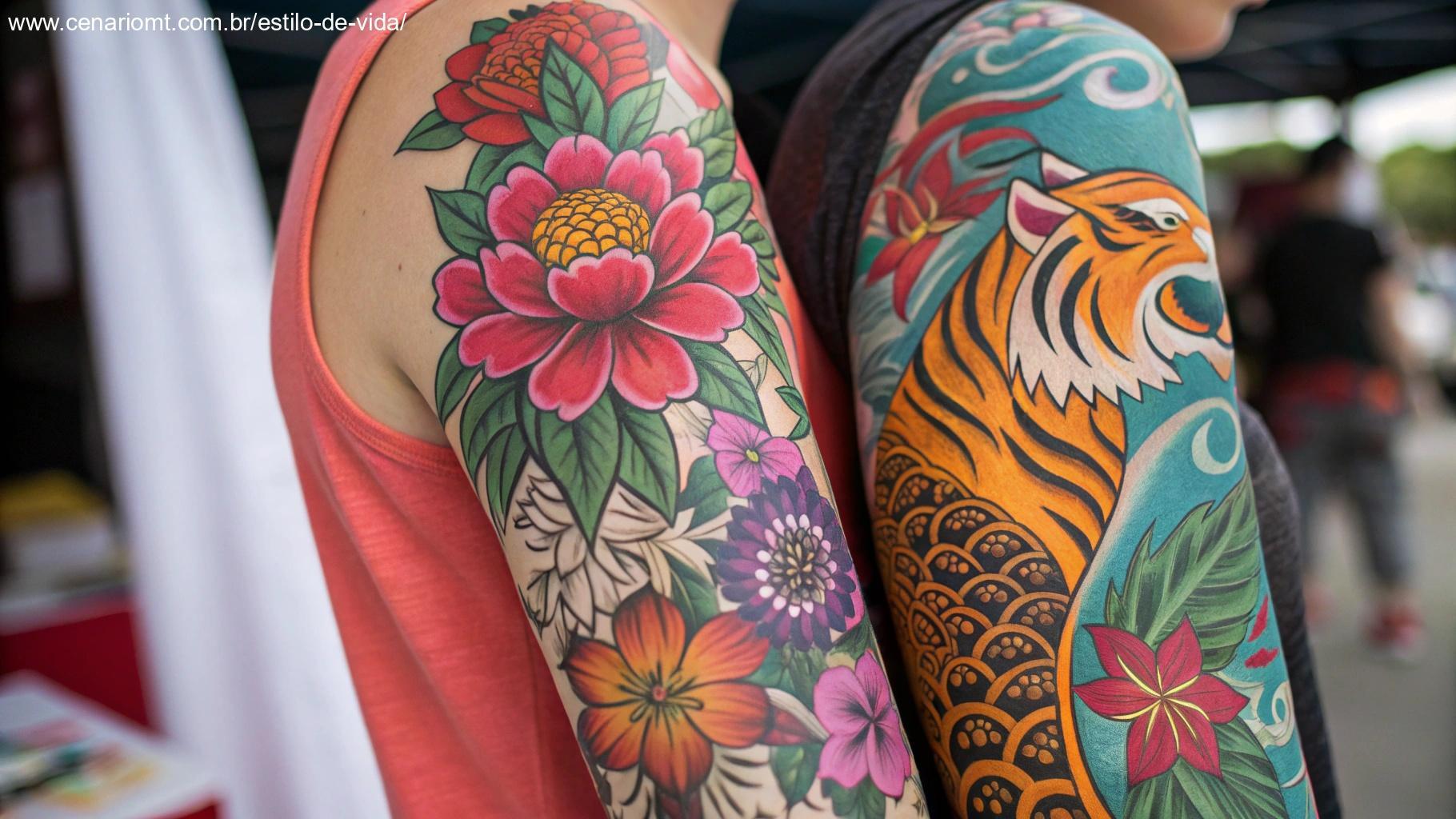 Tatuagens coloridas vibrantes, com cores fortes e brilhantes, apresentando desenhos de flores, animais ou padrões abstratos