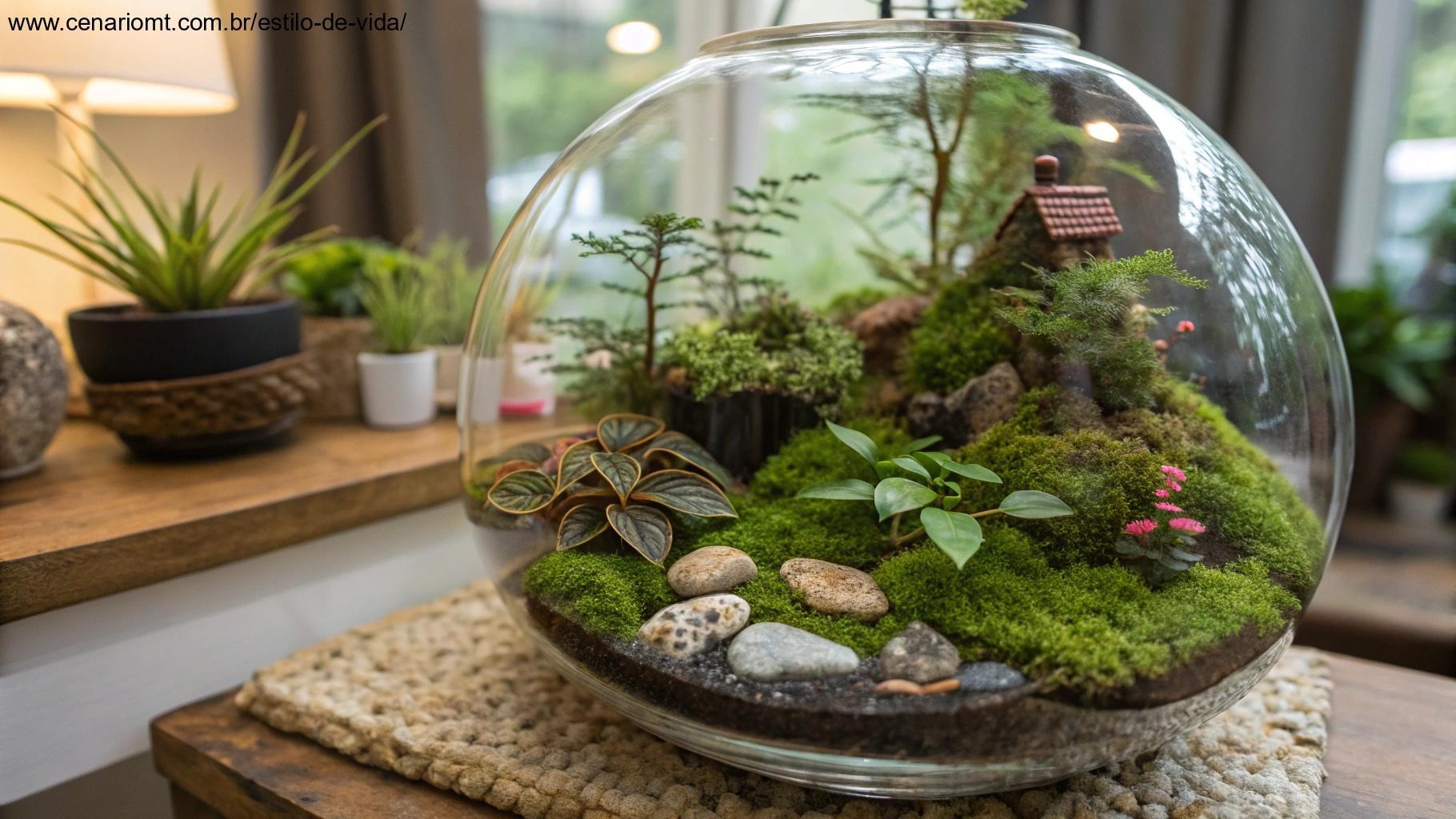 Terrário com natureza em miniatura dentro de vidro