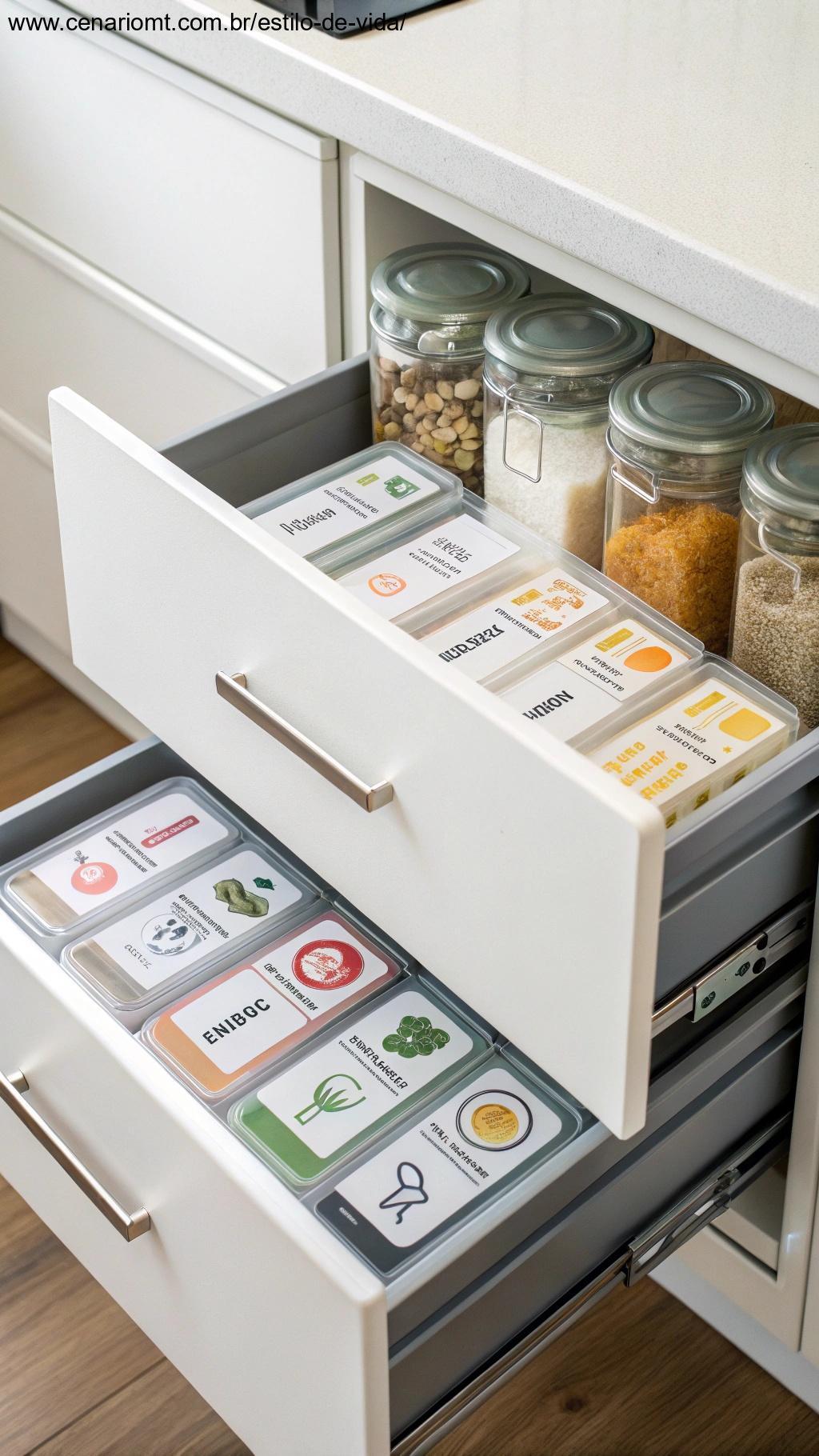 Etiquetas inteligentes em gavetas de cozinha, indicando o conteúdo com design claro e moderno