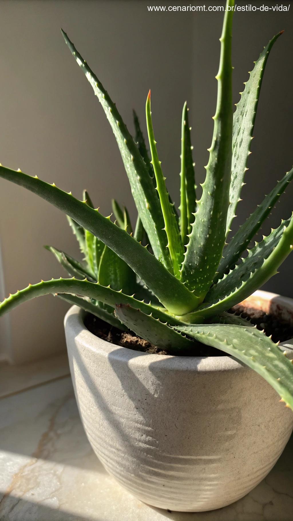 Uma planta de aloe vera fresca com folhas espessas e pontiagudas, colocada em um vaso de cerâmica, iluminada por luz suave.