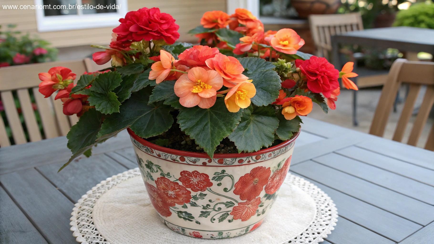 planta de begônia vibrante com flores coloridas em tons de vermelho e laranja, colocada em um vaso decorativo sobre uma mesa