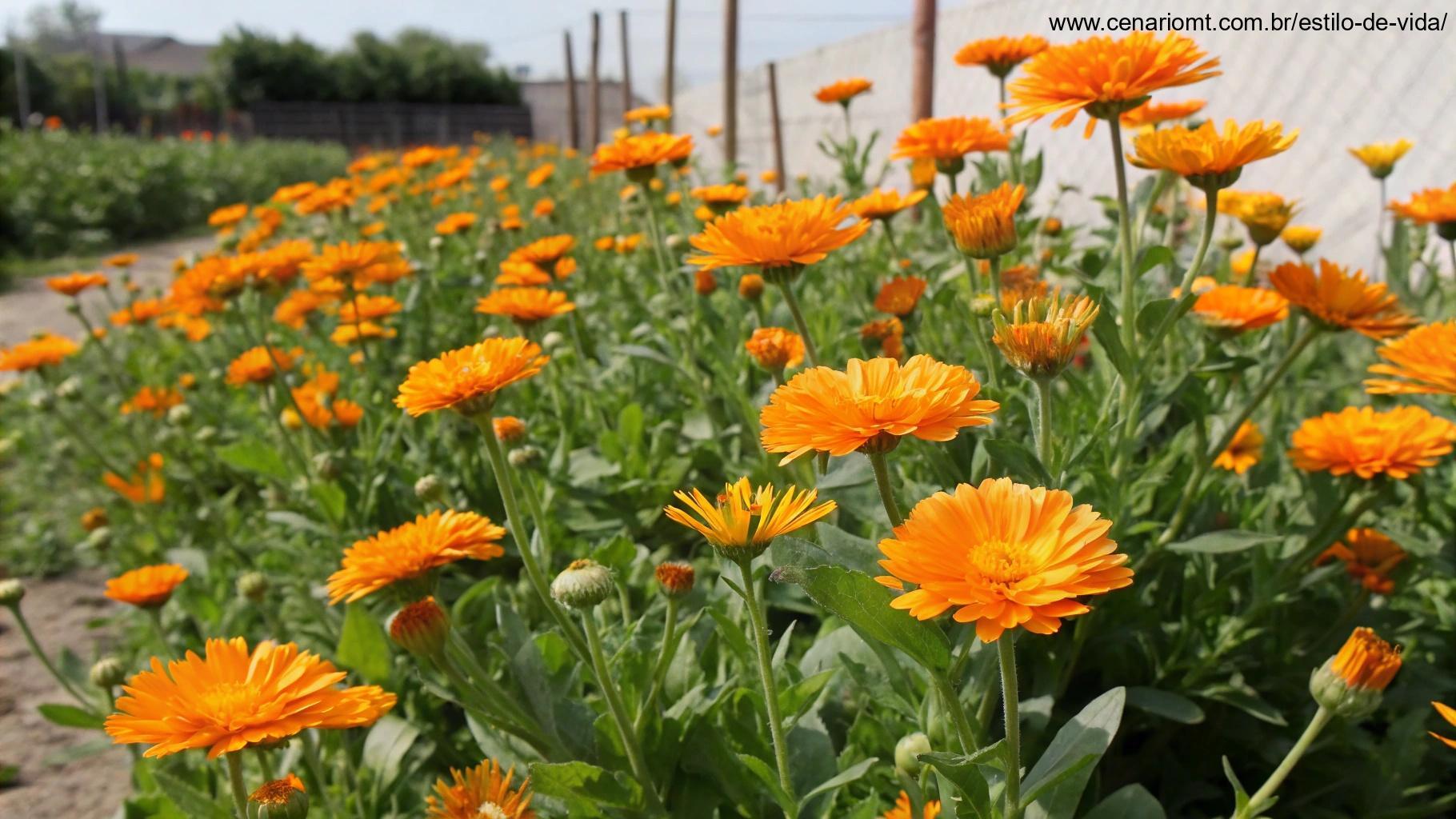 Um campo de calêndulas, com flores douradas e alaranjadas, trazendo um toque solar ao jardim.