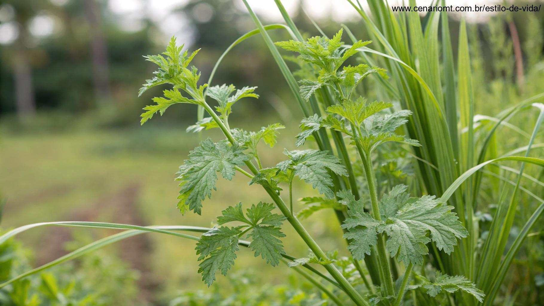Planta de citronela de Java, com caules altos e folhas aromáticas finas, em um ambiente ao ar livre.