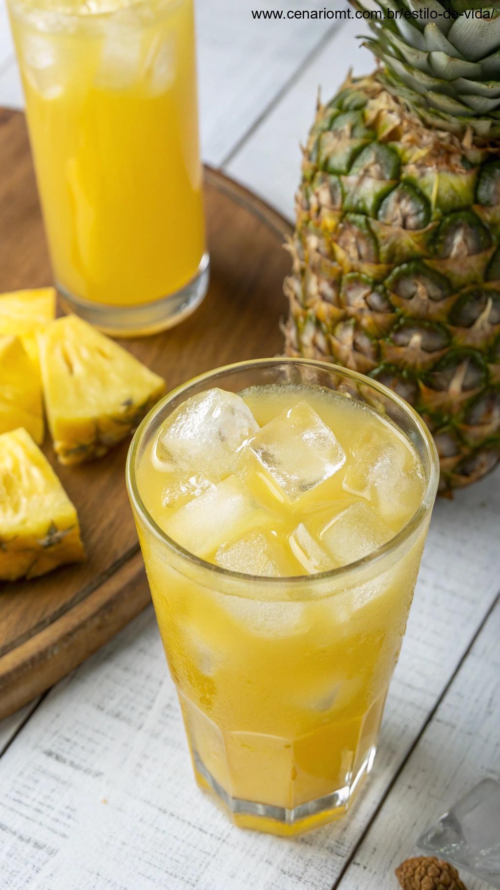 Suco de abacaxi vibrante em um copo com gelo, simbolizando os benefícios antioxidantes.