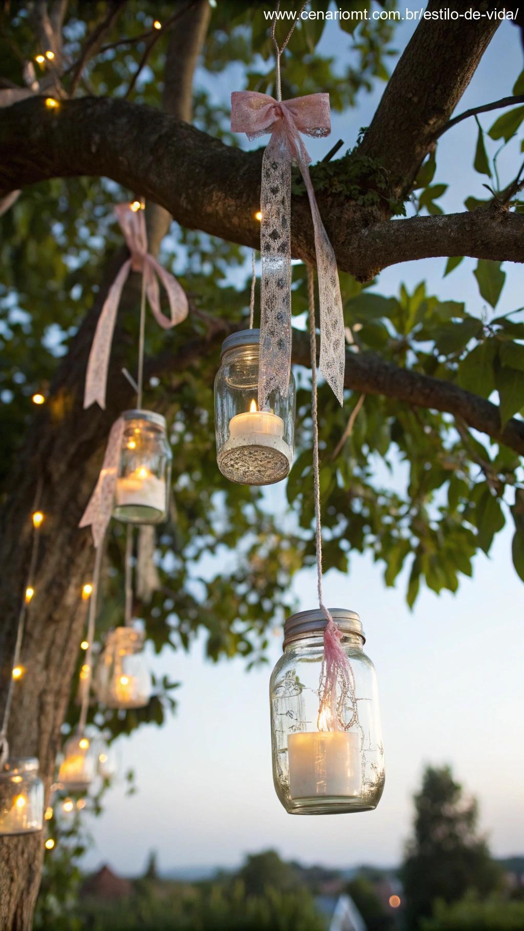 Frascos de vidro decorados com fitas e luzes, usados como decoração para festas, pendurados em um galho de árvore em um ambiente externo