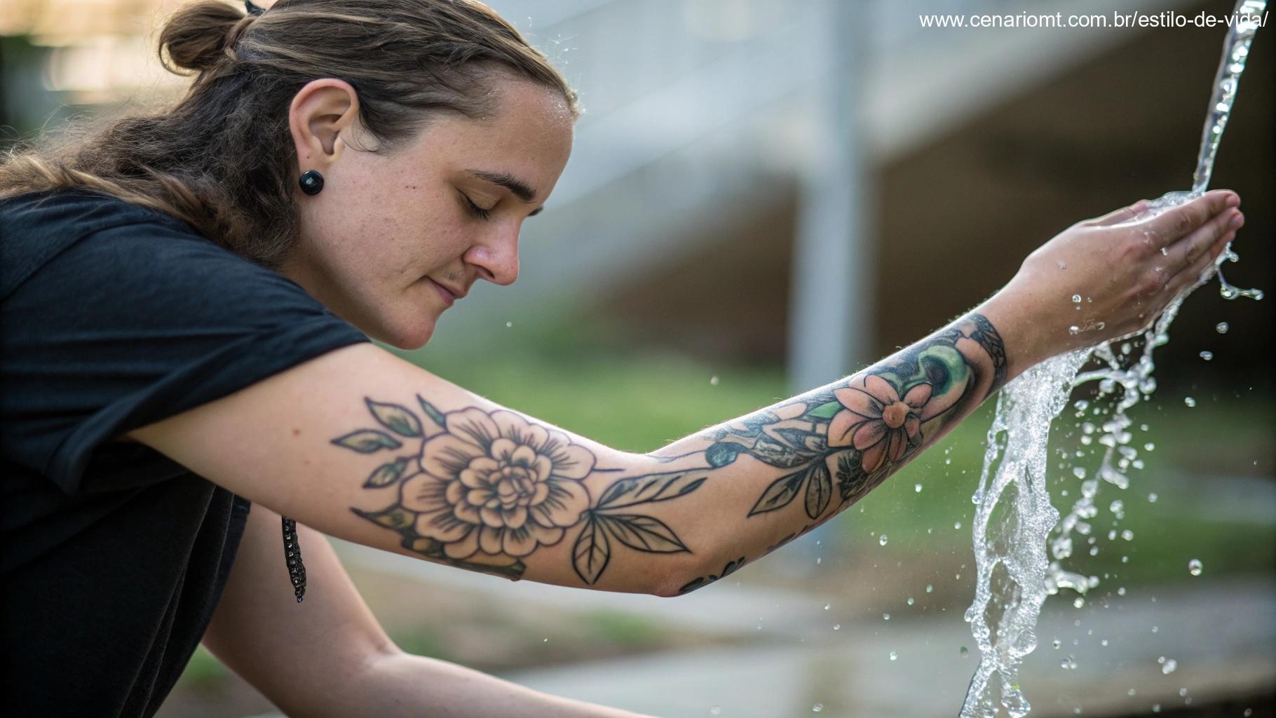 Pessoa lavando suavemente a tatuagem sob um fluxo de água