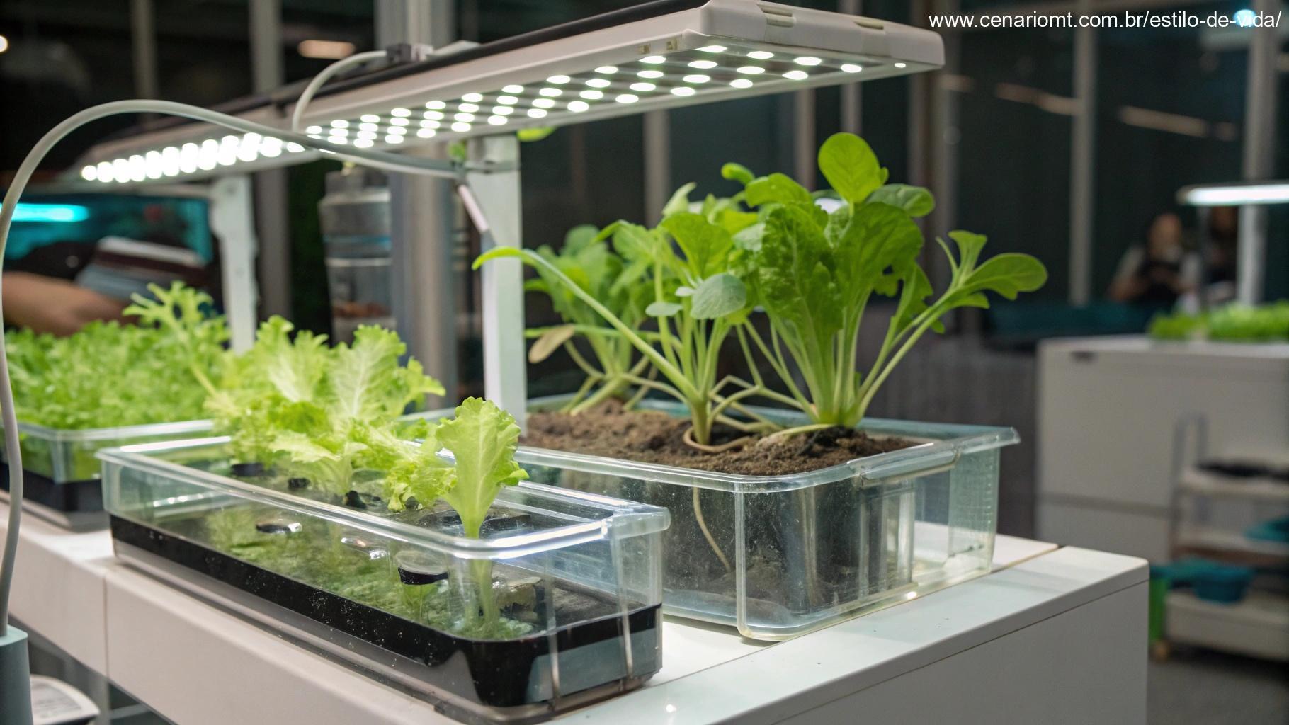 um jardim hidropônico interno com vegetais crescendo em água