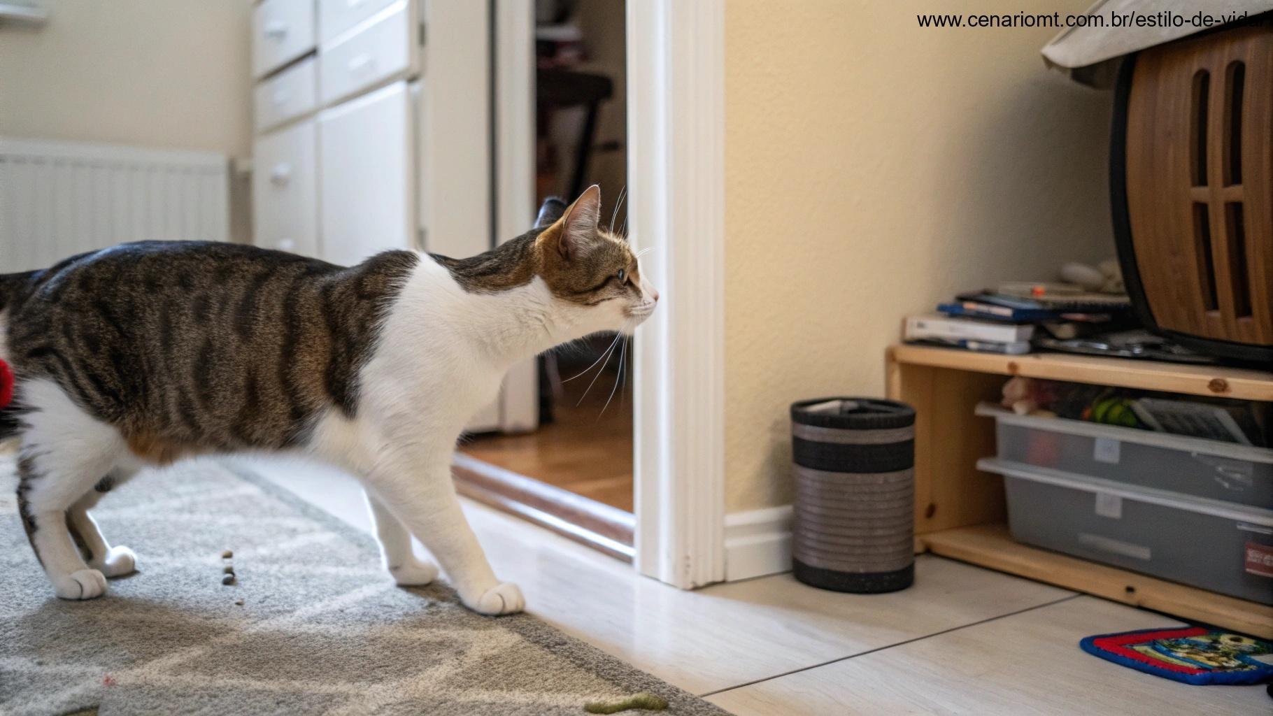 Gato explorando o ambiente, demonstrando interesse pelos detalhes.