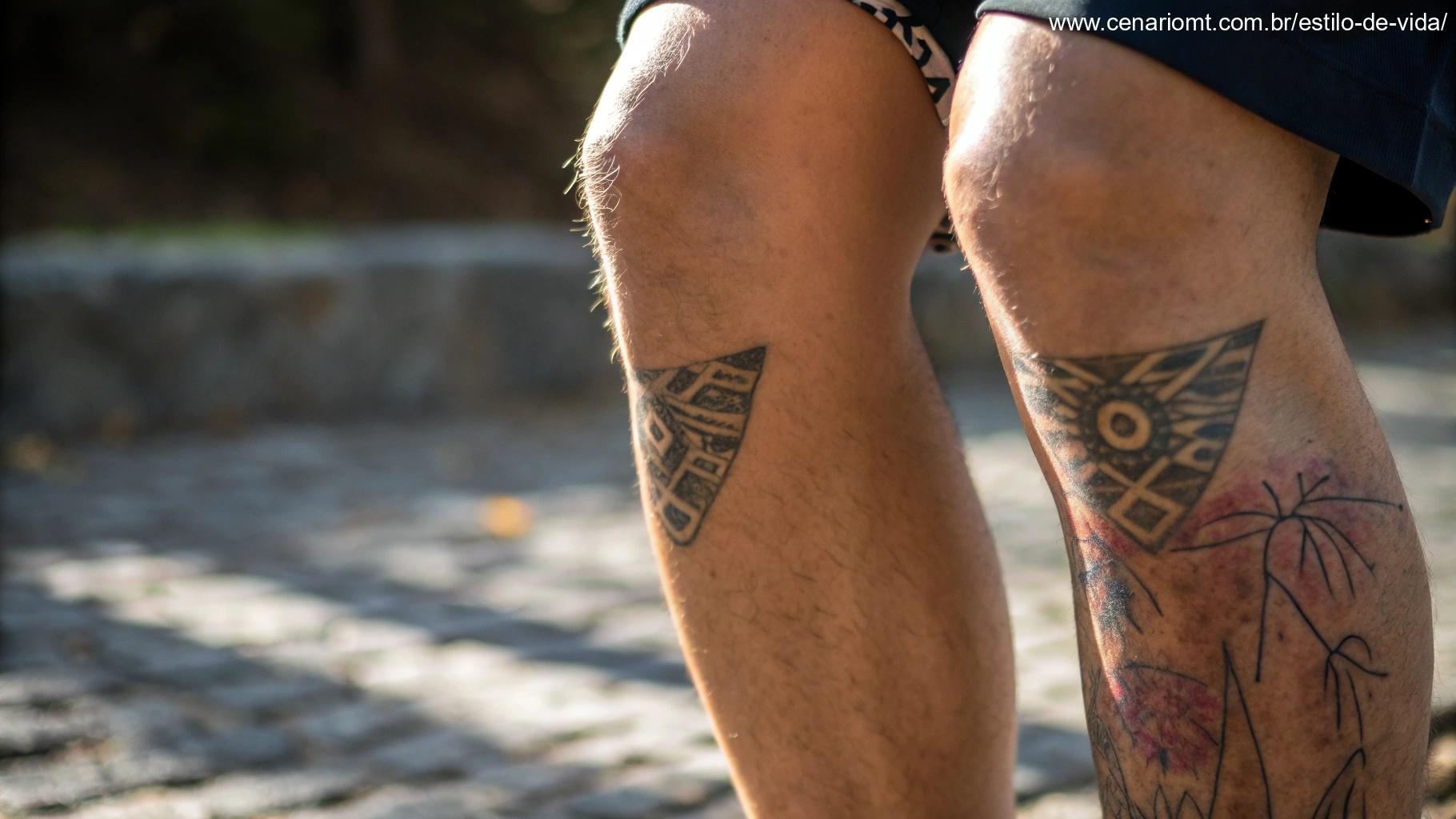 Imagem de joelhos com tatuagem.