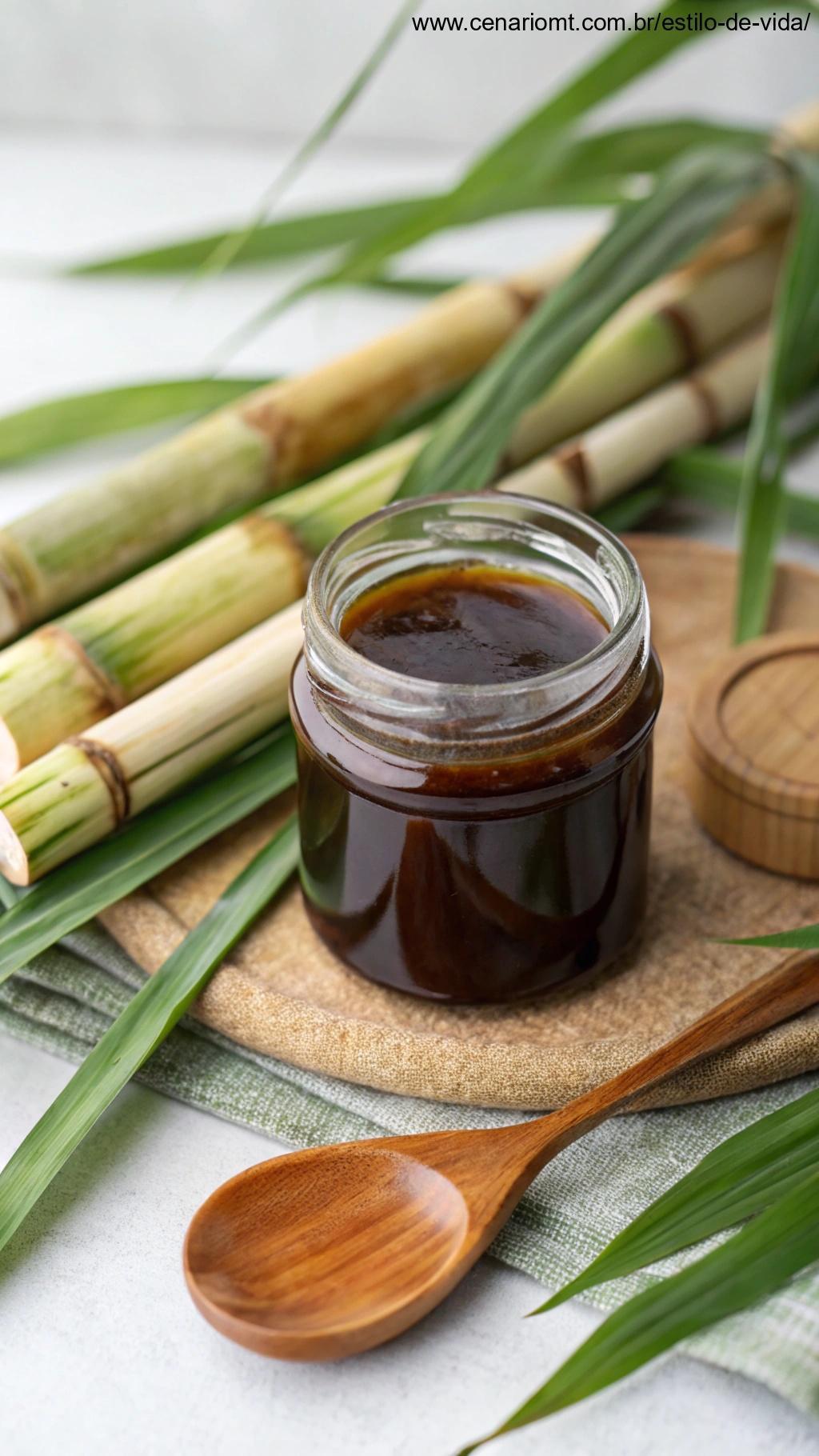 Pote de melaço de cana com colher de madeira
