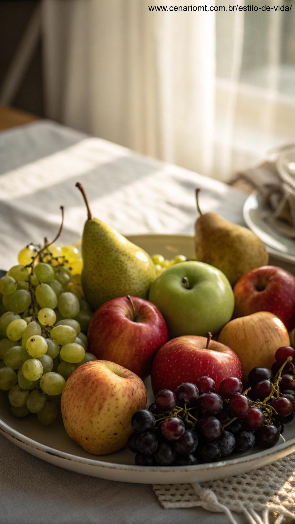 Prato com maçãs, peras e uvas rodeado por luz suave.