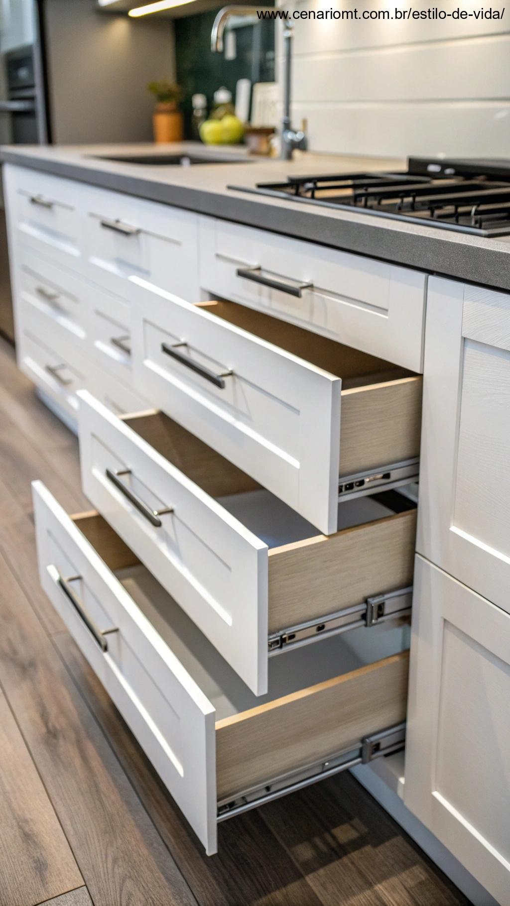 Gavetas deslizantes em uma cozinha, mostrando funcionalidade suave e design que economiza espaço