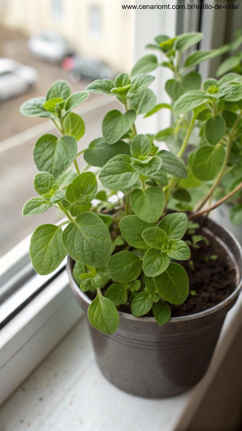 Planta de orégano com folhas redondas e verdes, em um vaso pequeno.