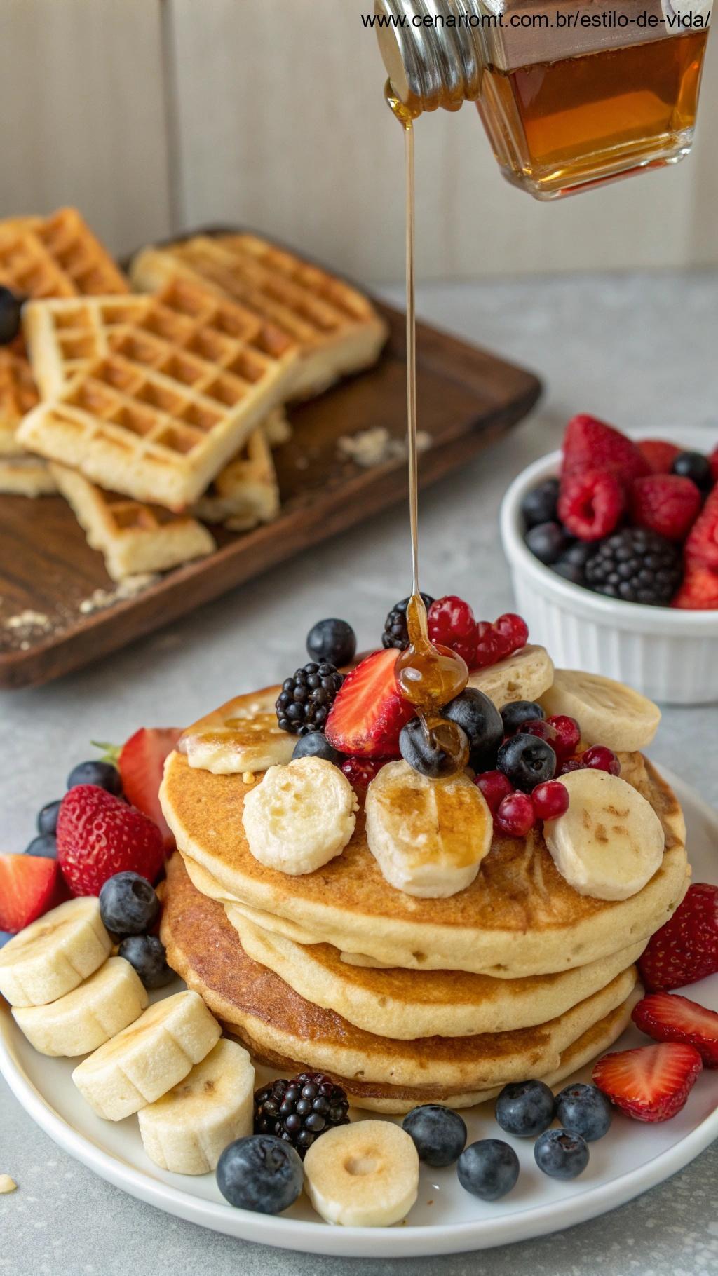 panquecas e waffles cobertos com uma mistura de frutas frescas, como morangos e bananas fatiadas, e um fio de mel