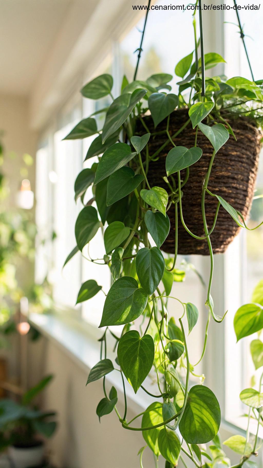 Imagem de uma planta Pothos com folhas verdes em forma de coração pendendo.