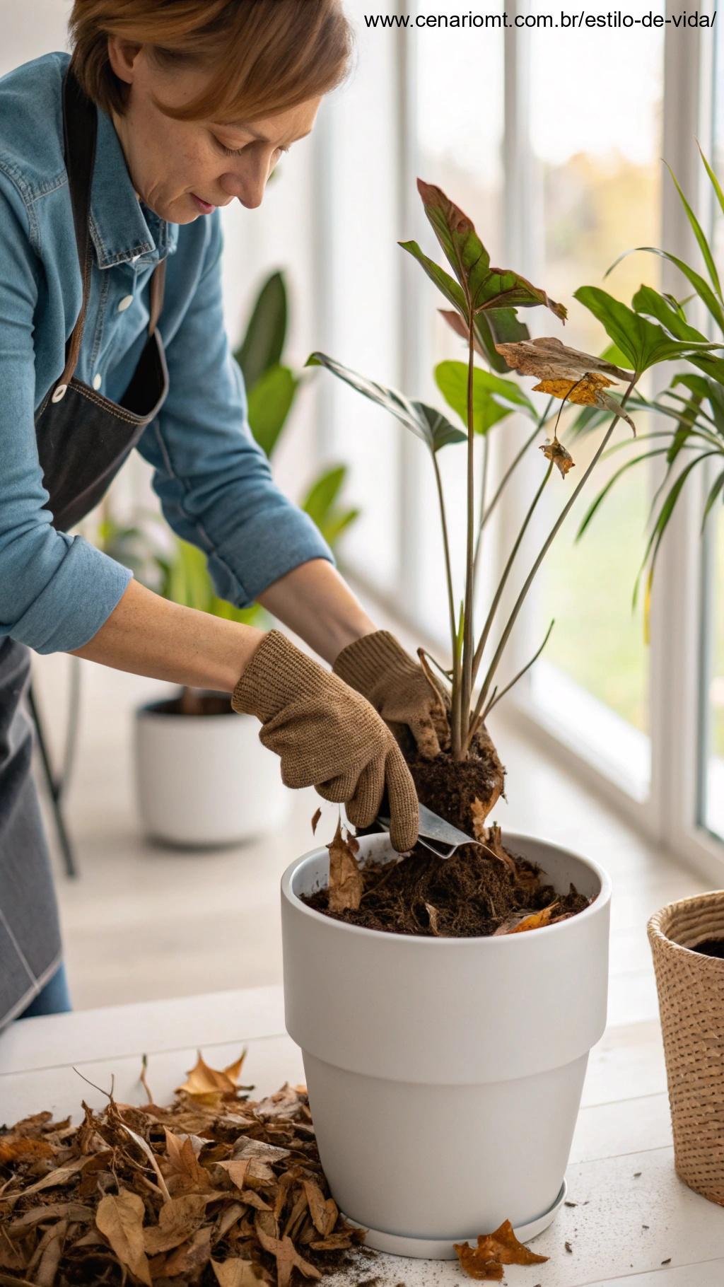 Pessoa removendo folhas secas de uma planta em vaso.