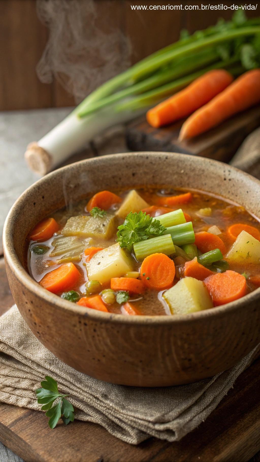 Sopa de legumes quente com cenoura, batata e aipo.