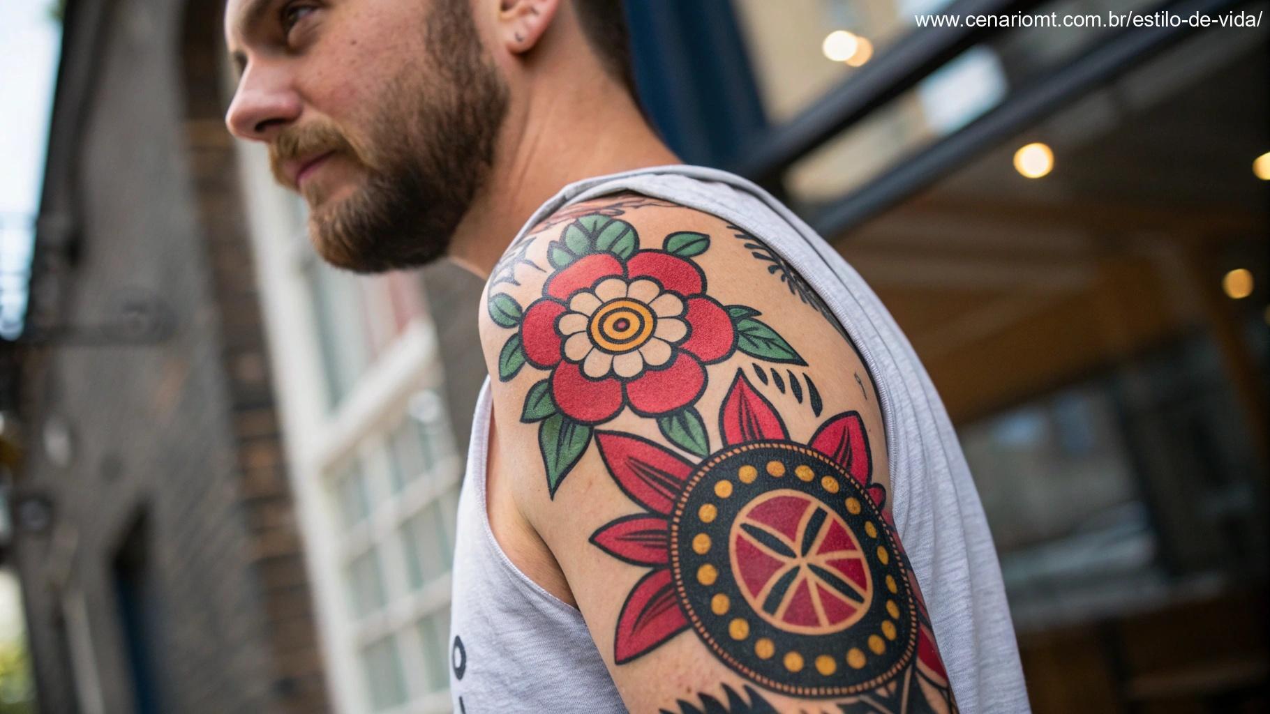 Uma tatuagem neo-tradicional com design moderno e cores vibrantes