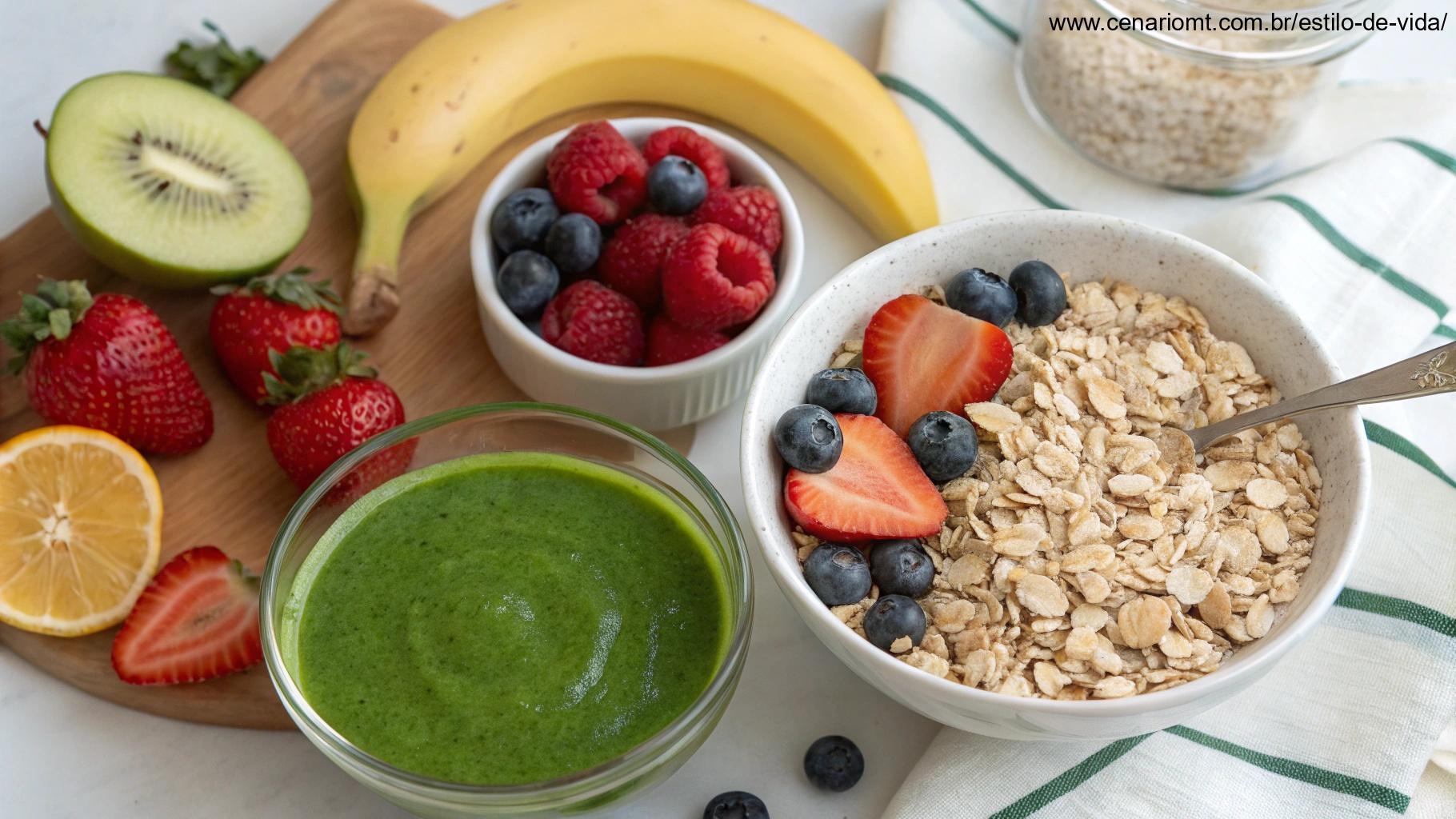 Café da manhã saudável com frutas, aveia e smoothie verde.