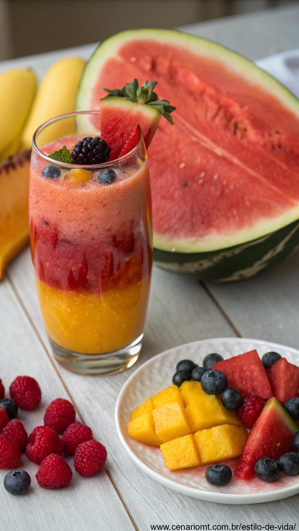 Copo de suco refrescante feito com frutas mistas como frutas vermelhas, laranjas e mangas, ao lado de uma fatia de melancia.