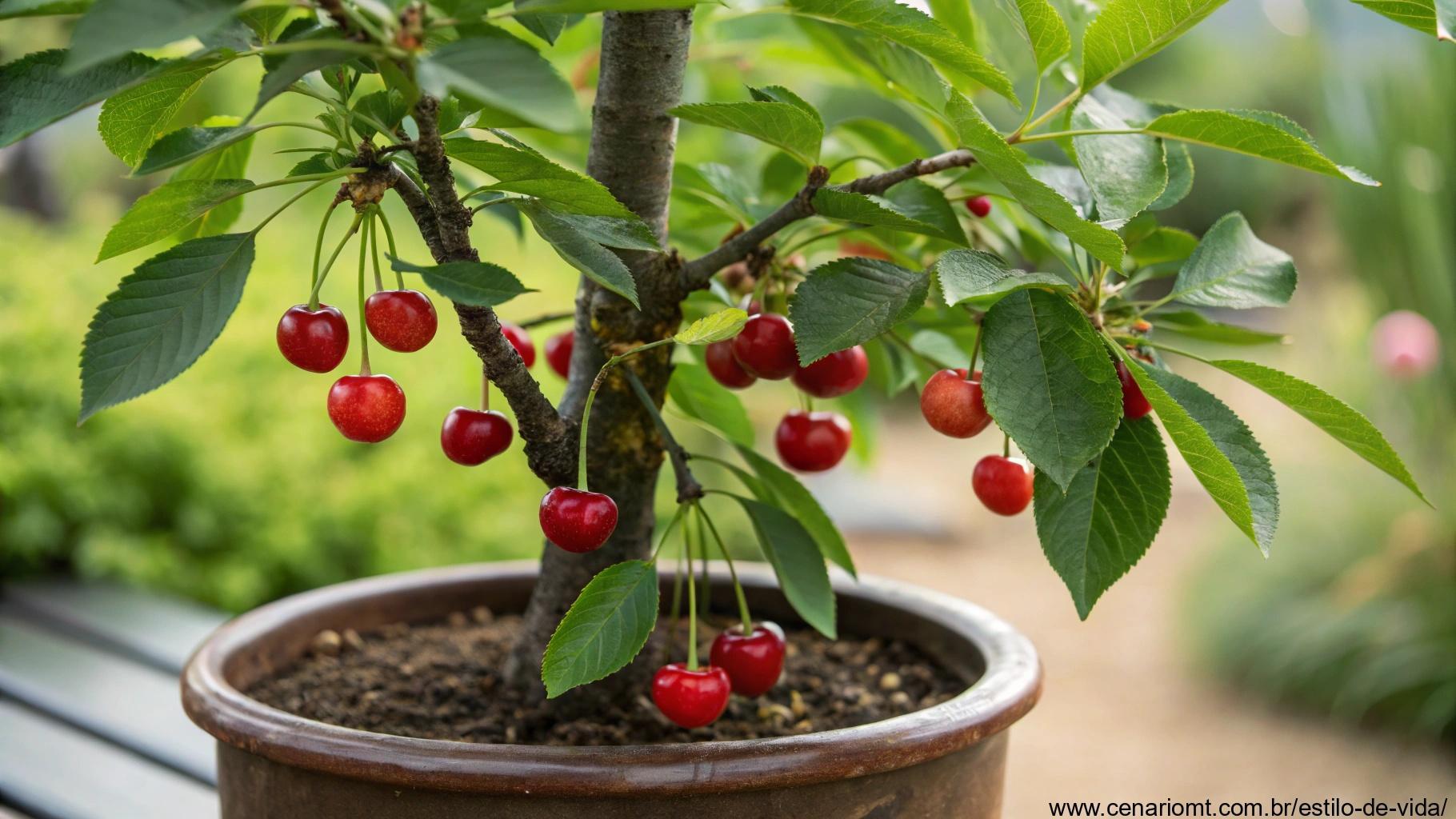 Pequena cerejeira em vaso com cerejas vermelhas brilhantes penduradas nos galhos, rodeada por folhas verdes exuberantes.