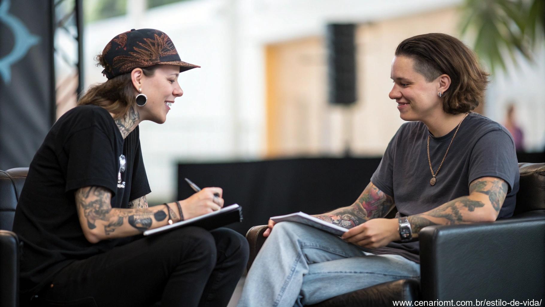 Pessoa conversando com um tatuador sobre os cuidados pós-tatuagem