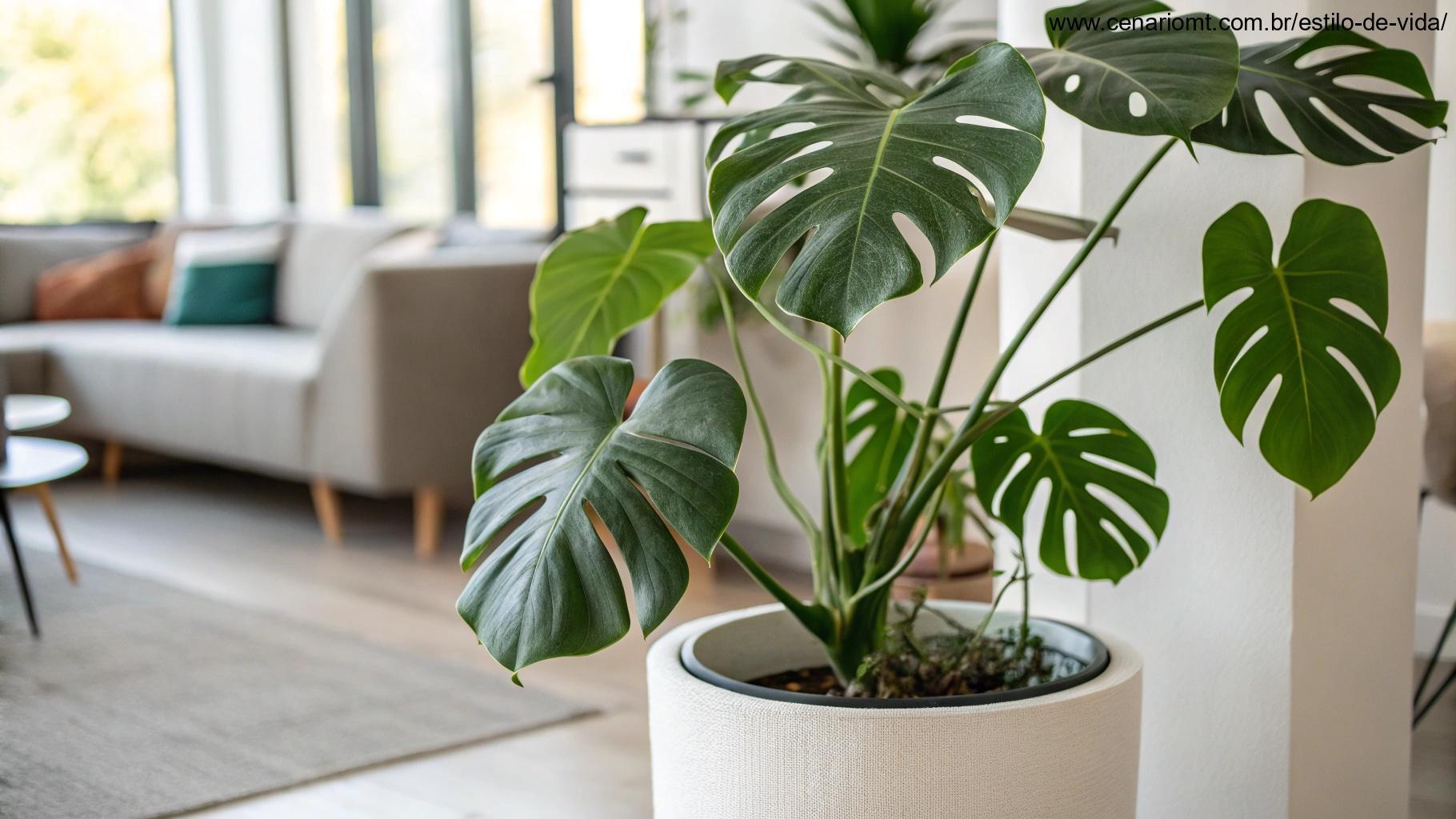 Imagem de uma planta Costela-de-Adão com folhas grandes e recortadas.