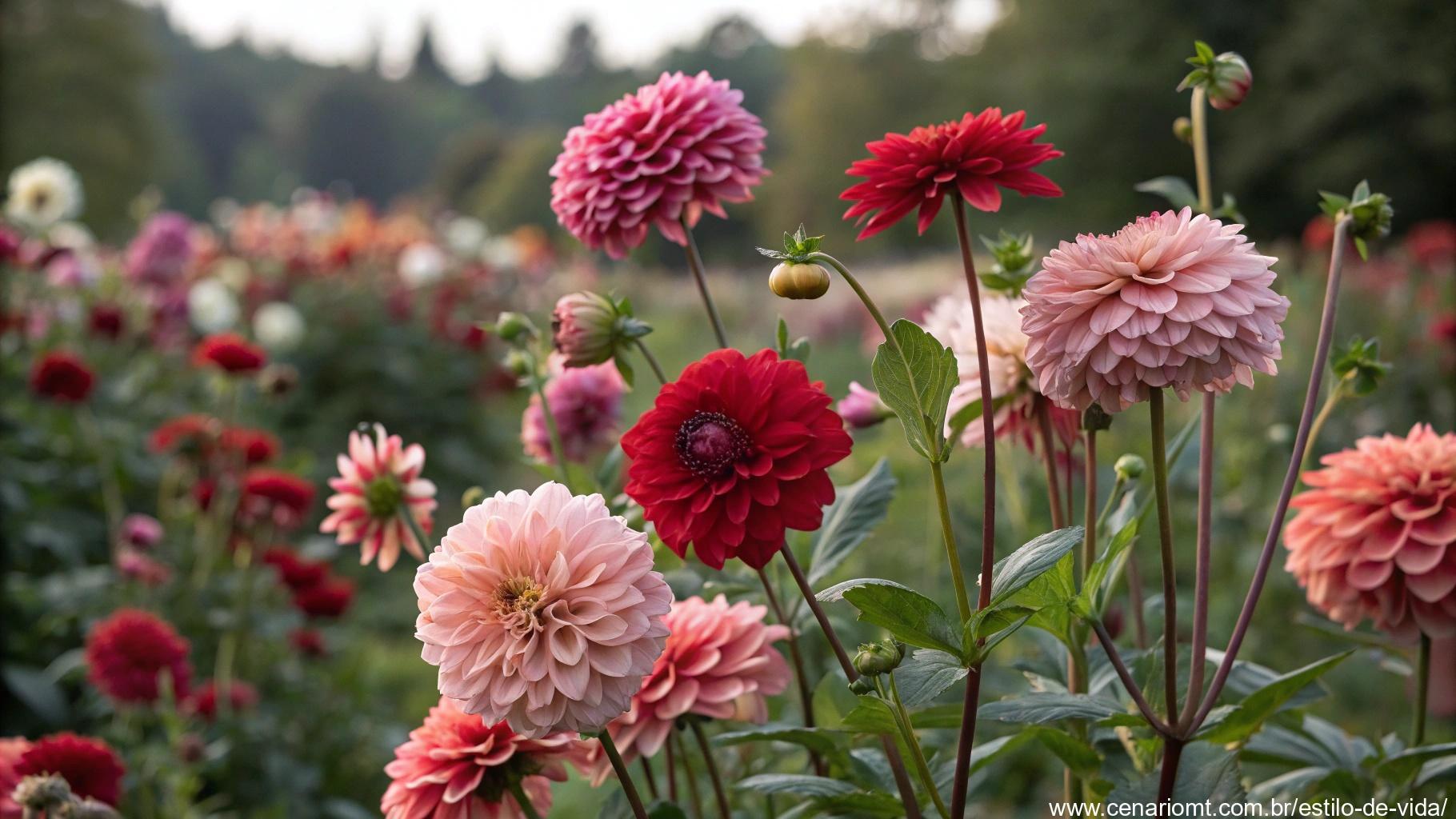 Um jardim de dálias em várias cores, indo do vermelho profundo ao rosa suave, exalando elegância e força.