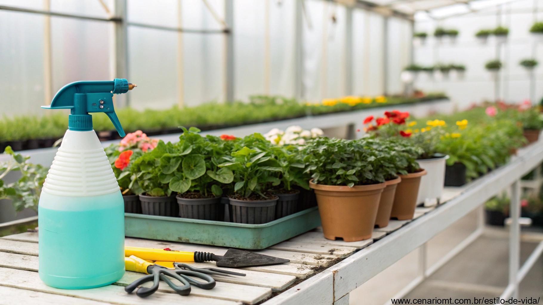 jardim interno limpo e organizado com ferramentas para manutenção das plantas