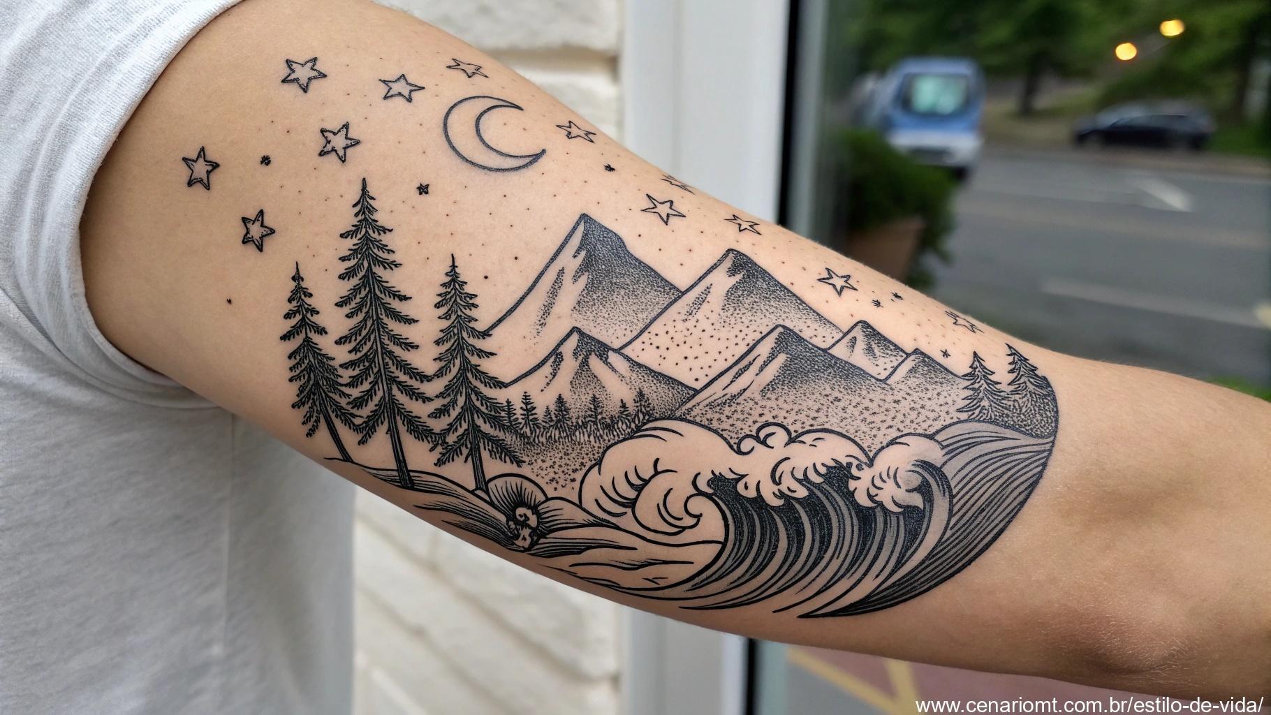Desenhos de tatuagens com elementos naturais, como montanhas, árvores, ondas ou corpos celestes, conectando o usuário à natureza