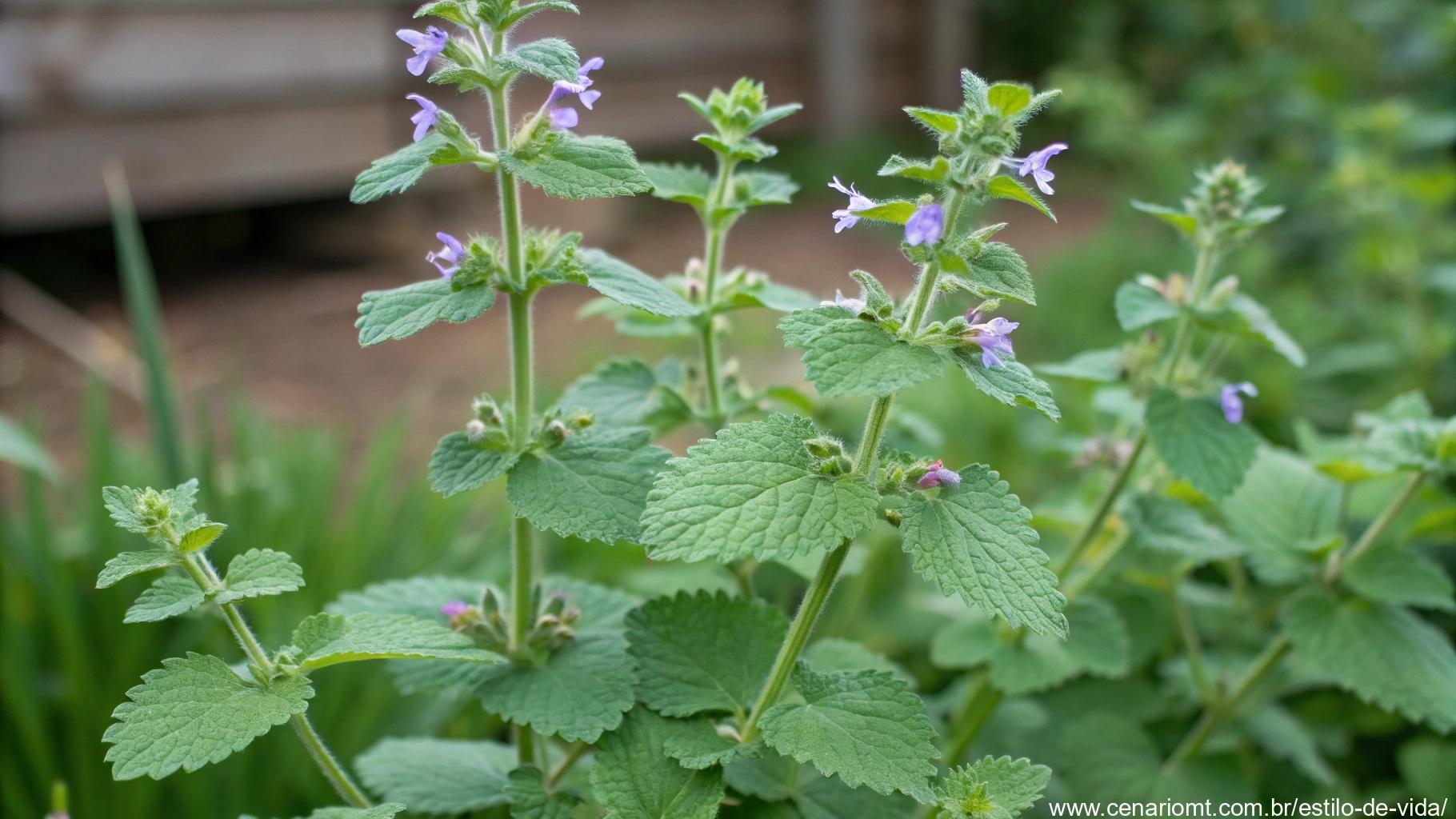 Planta de erva-de-gato com folhas delicadas e arredondadas e pequenas flores, crescendo em um jardim.