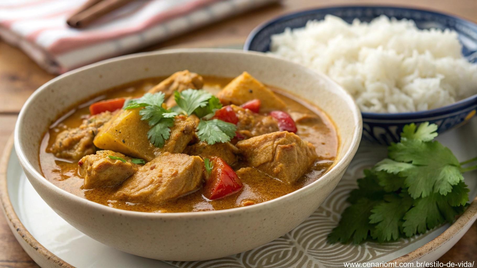 Um delicioso frango ao curry servido em uma tigela, acompanhado de arroz e uma ramagem de coentro.
